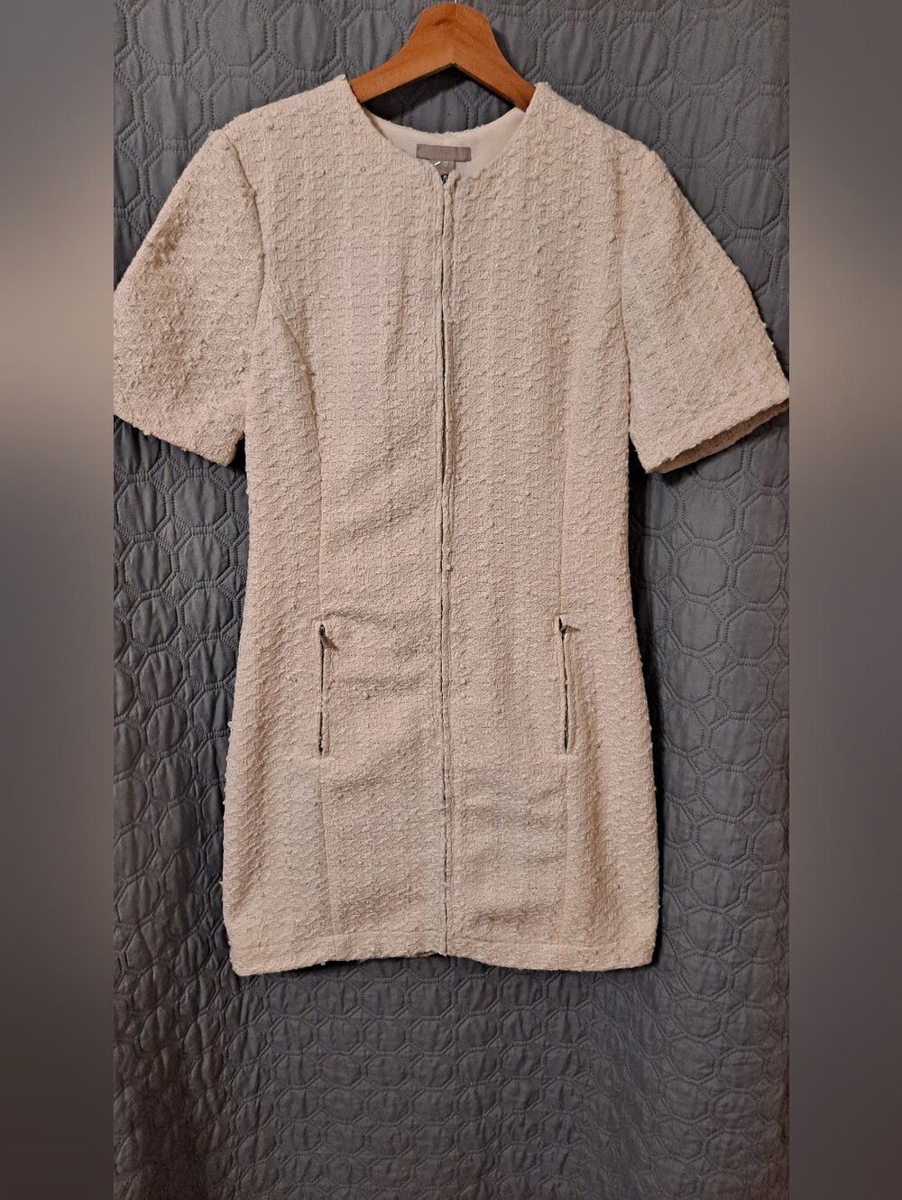 H&M Women’s Short Sleeve Textured Zip Front Dress Creamy White Sz S